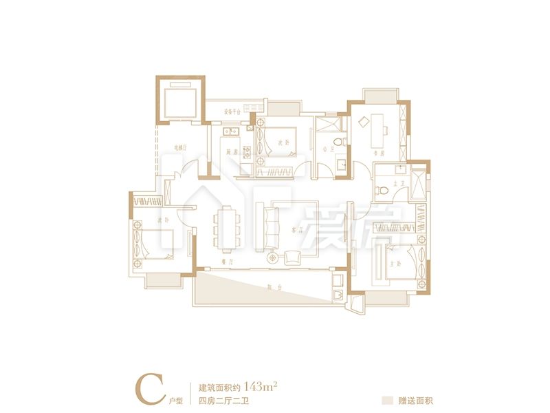 C户型 四房两厅二卫 143㎡